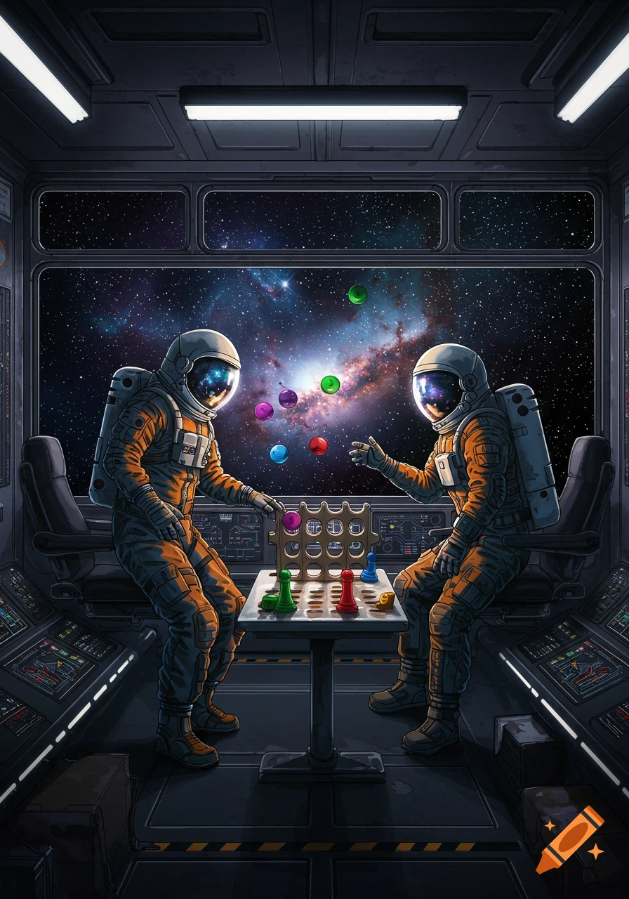 Two astronauts play a board game in a futuristic spaceship with a large window view of the universe.