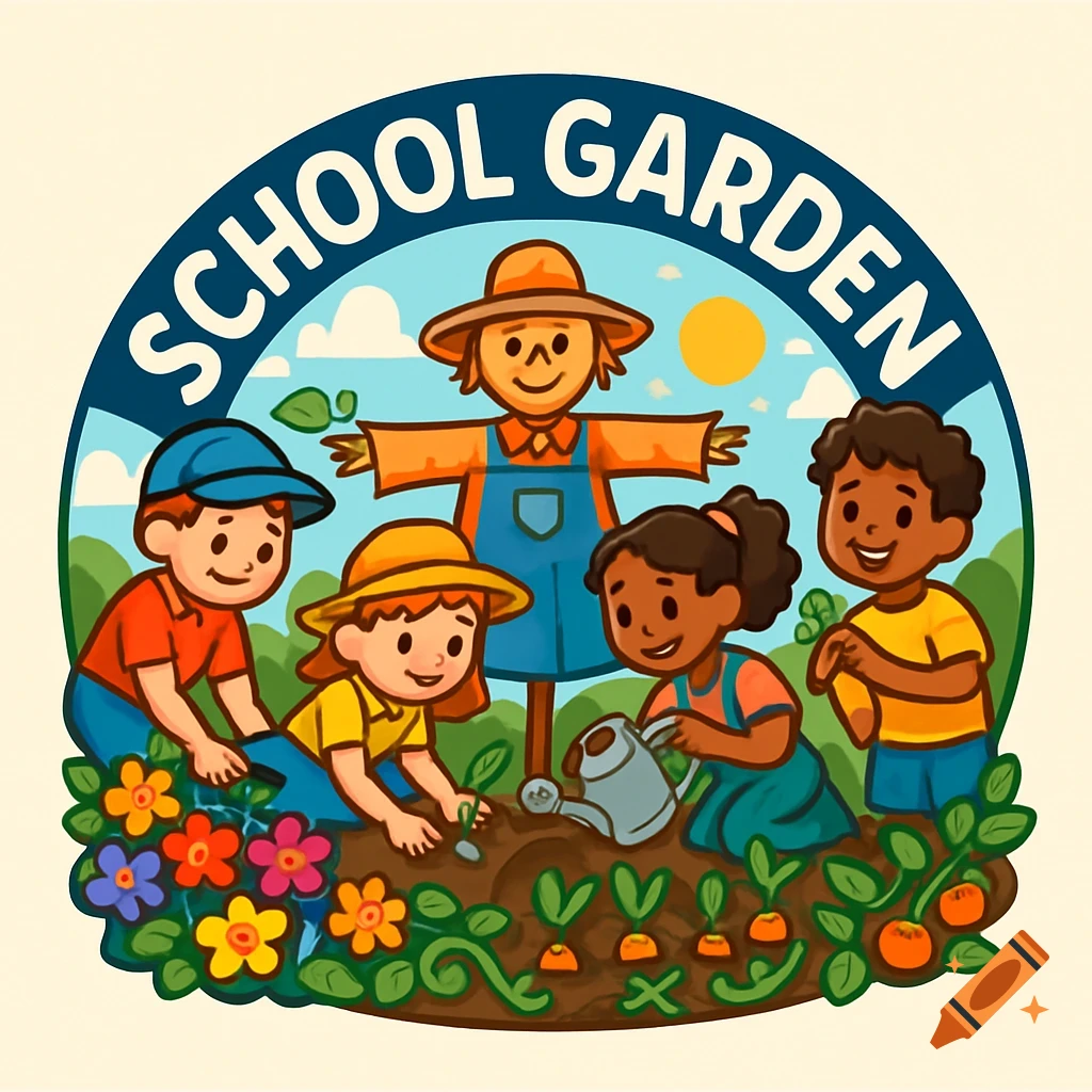 A colorful illustration logo showing four children and a scarecrow in a school garden, with the words 'SCHOOL GARDEN' at the top.