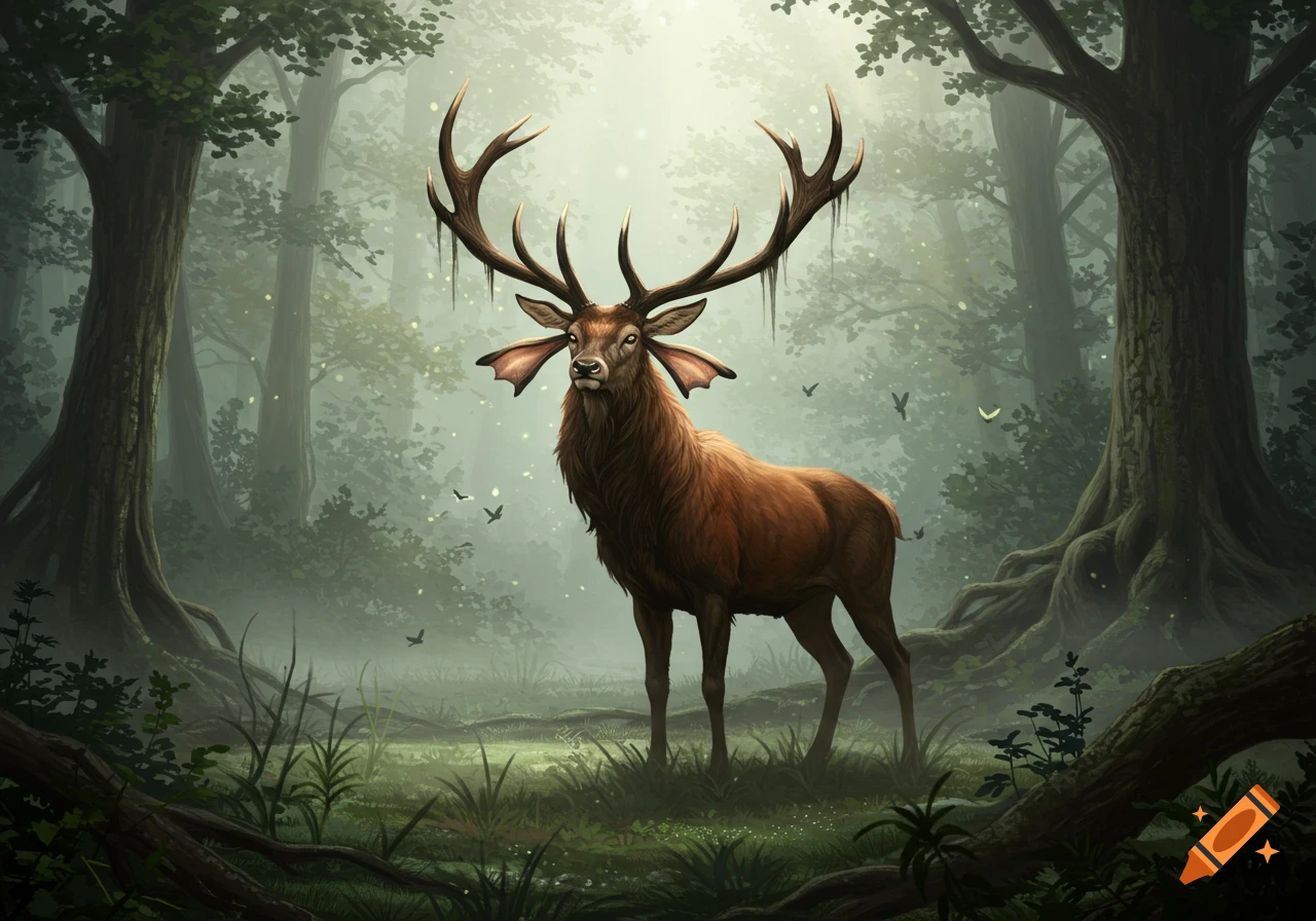 A majestic stag with large antlers stands in a misty, sunlit forest.