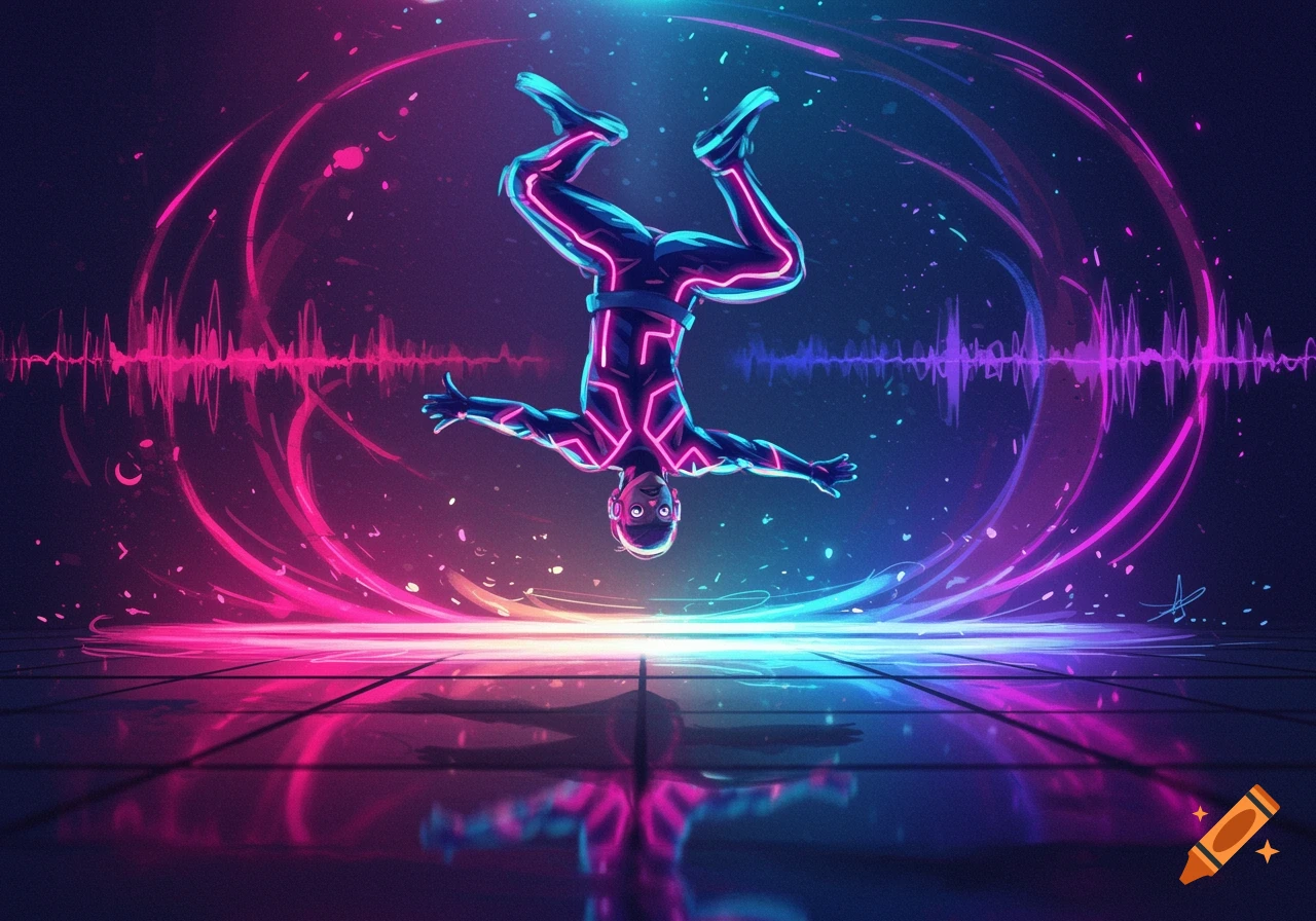 A stylized person in a neon suit does a backflip over a reflective floor, surrounded by vibrant pink and blue glowing rings and sound waves in a futuristic style.