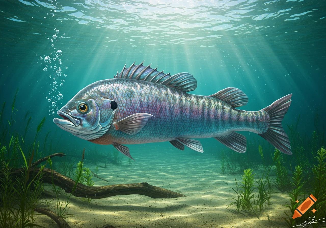 A colorful, scaly fish swims underwater, with sunlight rays piercing the teal water above a sandy bottom and green aquatic plants.