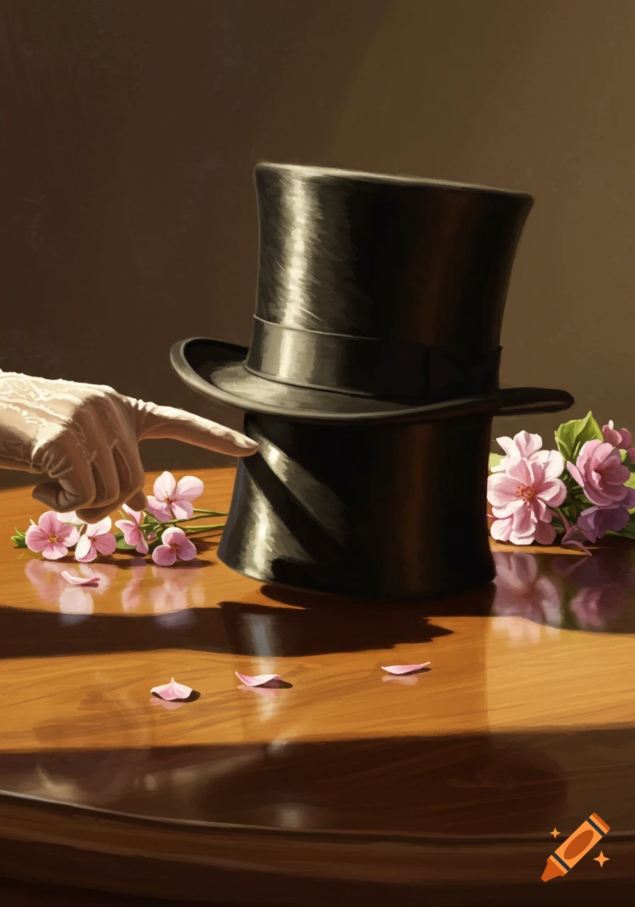 A gloved hand points at a shiny black top hat on a wooden table next to pink flowers, lit by sunlight.