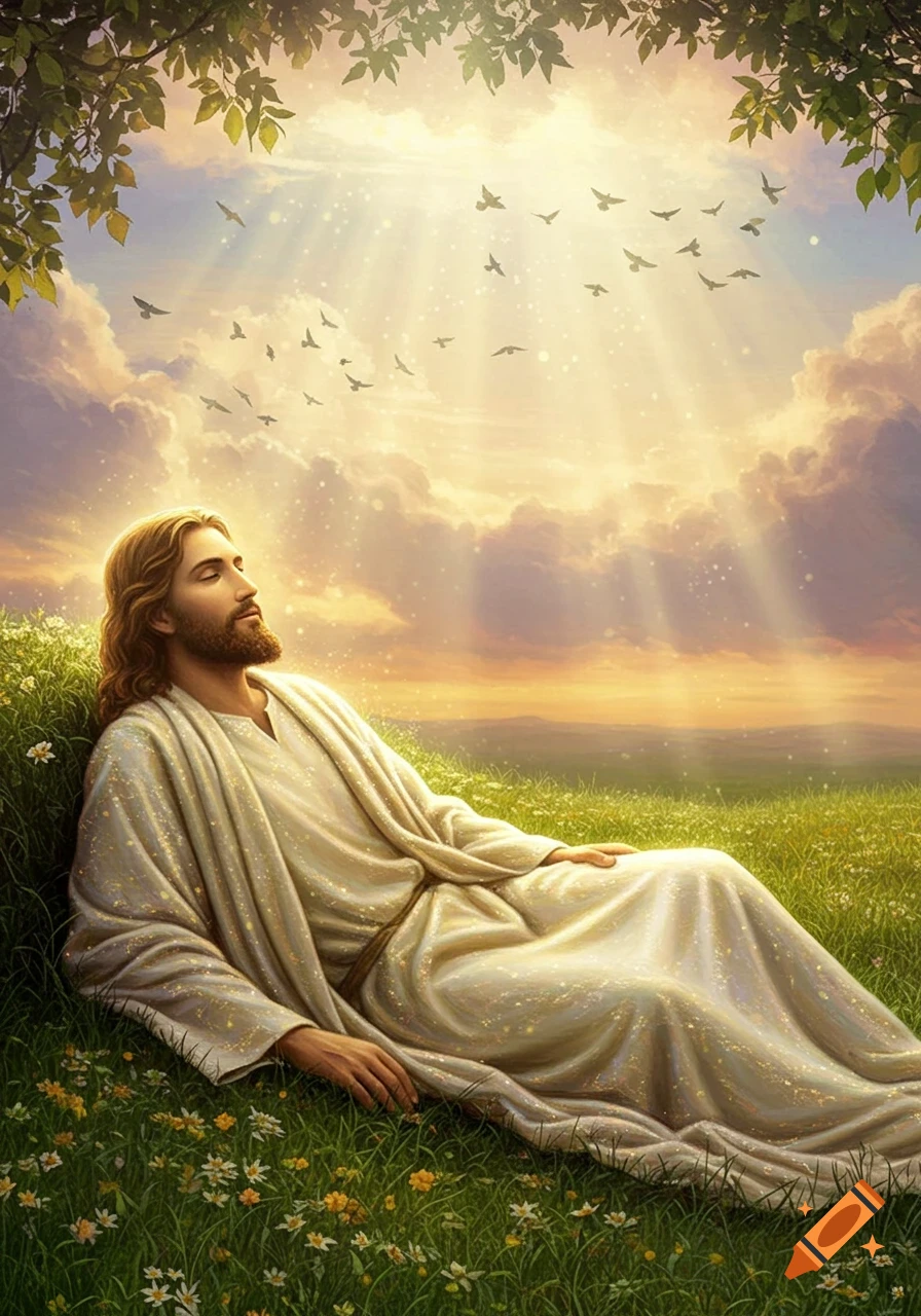 Jesus rests in a green field with wildflowers, bathed in divine light and surrounded by flying birds.