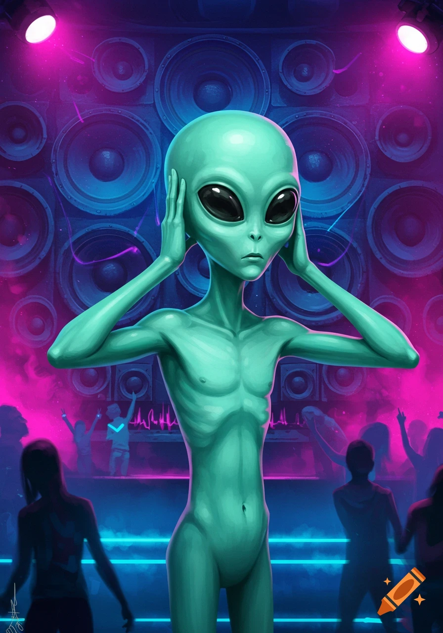 A green alien covers its ears in front of a wall of blue subwoofers, illuminated by pink and blue neon lights with a blurred dancing crowd below.