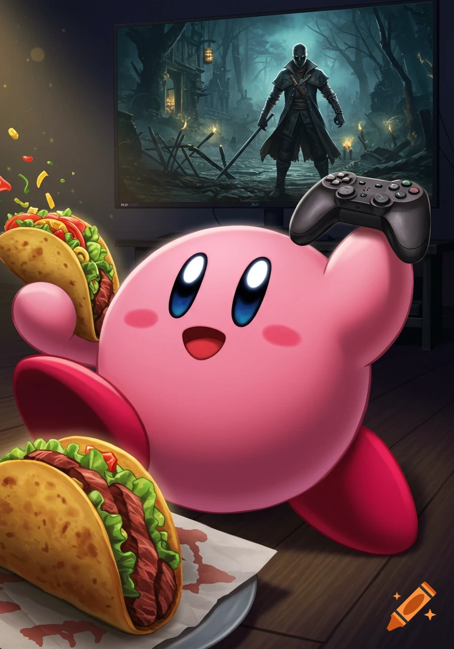 Pink cartoon character Kirby holds a taco and a game controller while playing a dark fantasy video game on a large screen, with another taco on a plate.