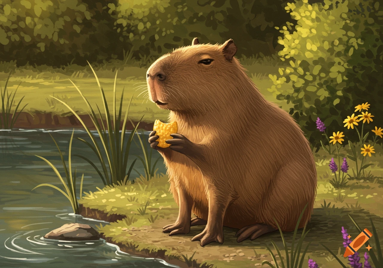 A brown capybara sits by a stream, eating a yellow snack with small hands, surrounded by green grass and trees.