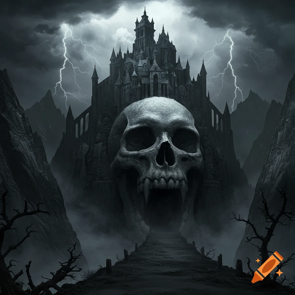 A dark fantasy art rendering of an oppressive castle with a giant skull entrance amidst stormy mountains with lightning.