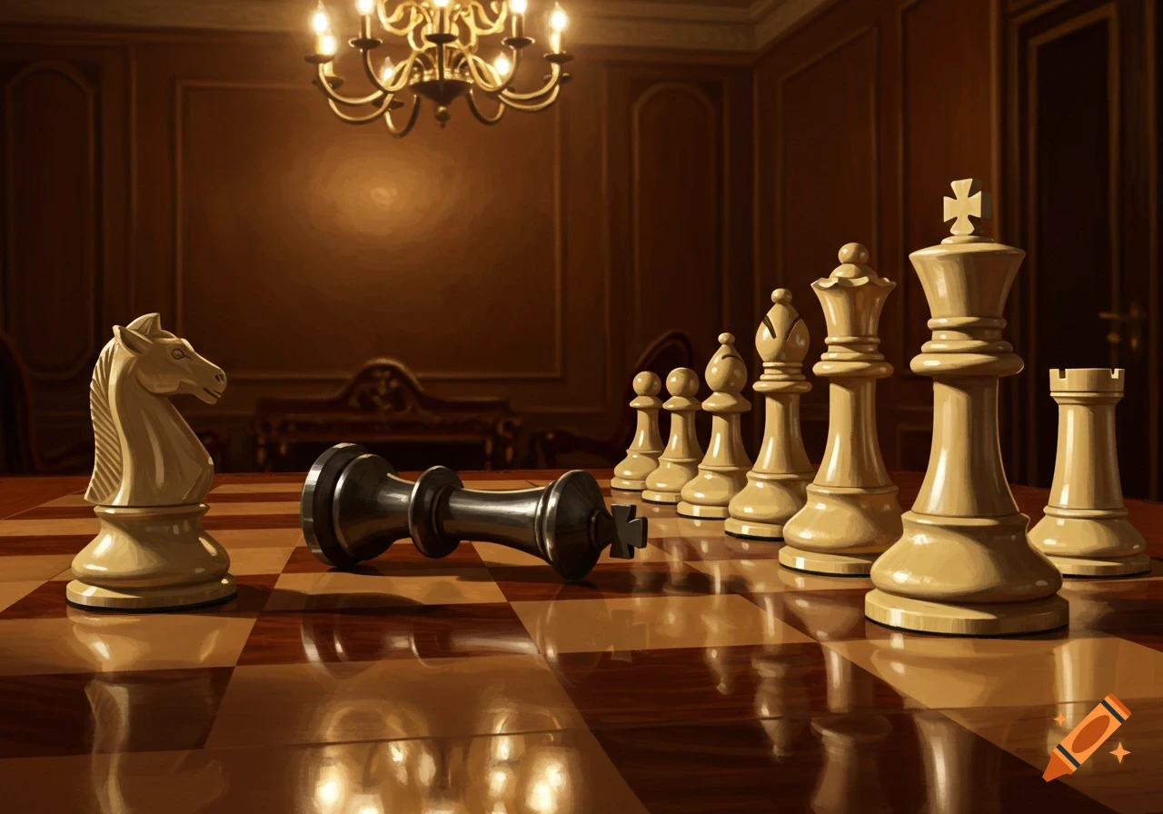 A grand, dark room features a polished chessboard. A white knight stands opposite a line of white pieces, with a black king fallen.