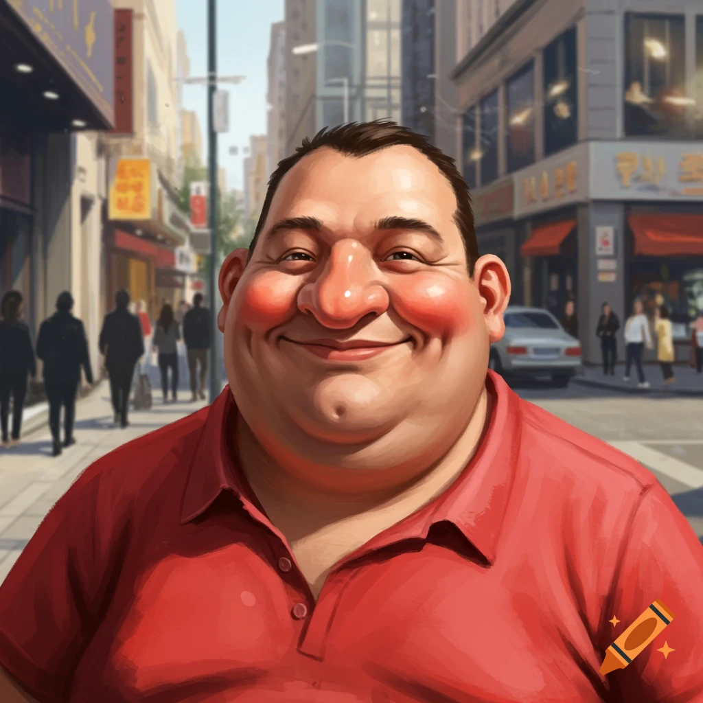 A smiling cartoonish man with a large nose and rosy cheeks wears a red polo shirt, standing on a city street with blurred buildings and people in the background.
