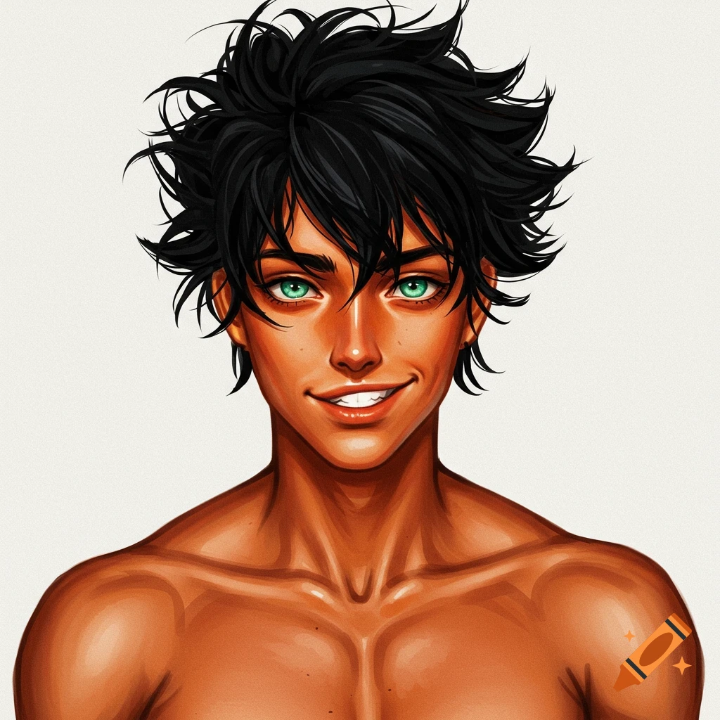 Stylized portrait of a young person with messy black hair, tan skin, and bright green eyes, smiling.