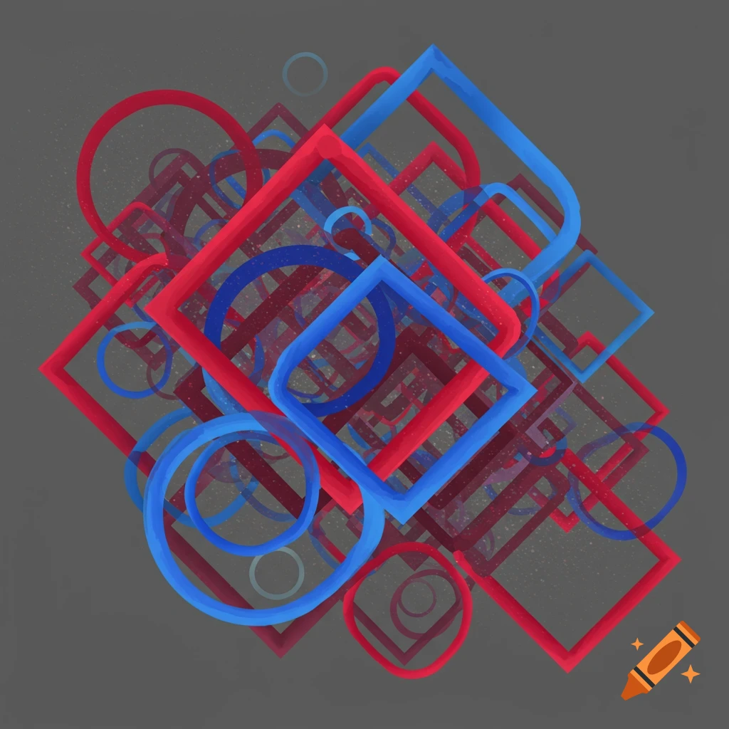 An abstract design composed of overlapping red squares and blue circles on a gray background.