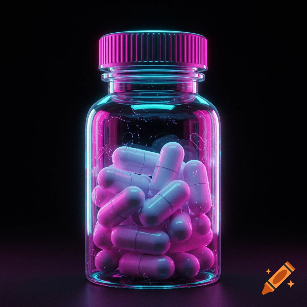 A clear bottle filled with white and pink capsules, glowing with neon pink and blue light against a dark background, in a synthwave style.