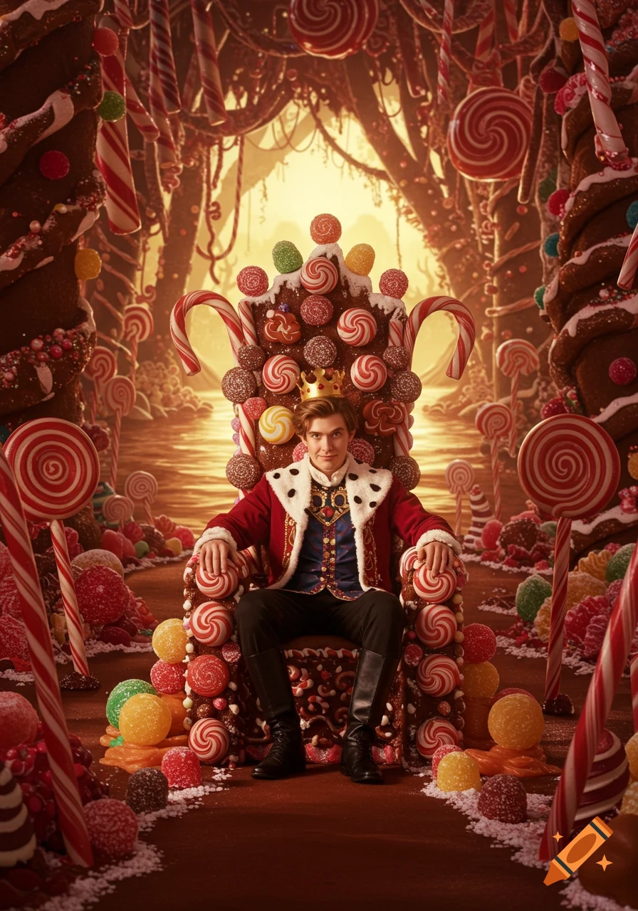 Photorealistic young king in a red robe and crown, sitting on a candy throne in a vibrant candyland forest.