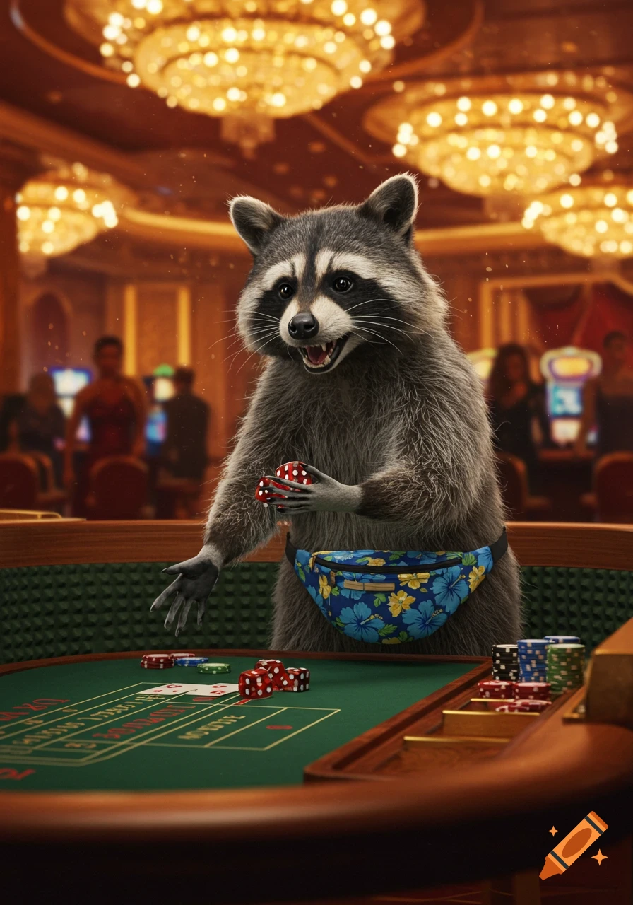 A photorealistic raccoon with a Hawaiian fanny pack plays craps at a casino table.