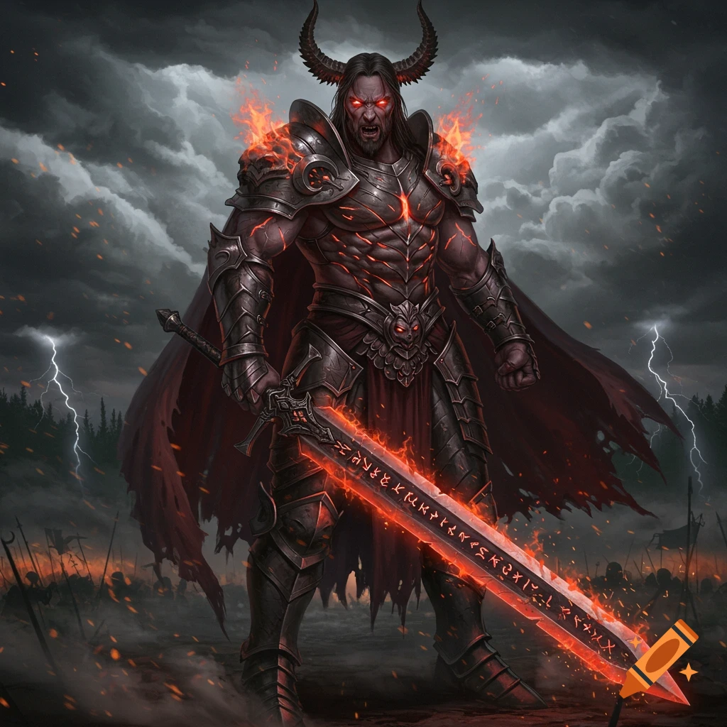 A powerful horned warrior in dark armor with glowing red eyes holds a flaming sword with runes, standing before a stormy sky with lightning.