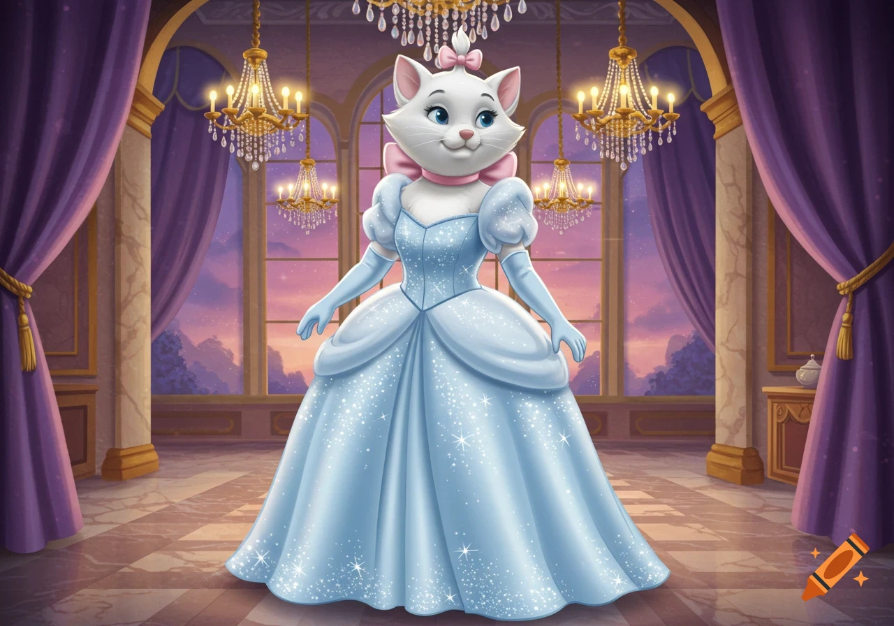 A cartoon white cat, resembling Marie from The Aristocats, wears a sparkly blue Cinderella-like princess gown in a grand ballroom.