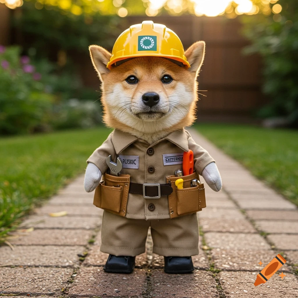 A cute Shiba Inu puppy in a yellow hard hat and tan exterminator uniform with a tool belt stands on a brick path in a garden at sunset.