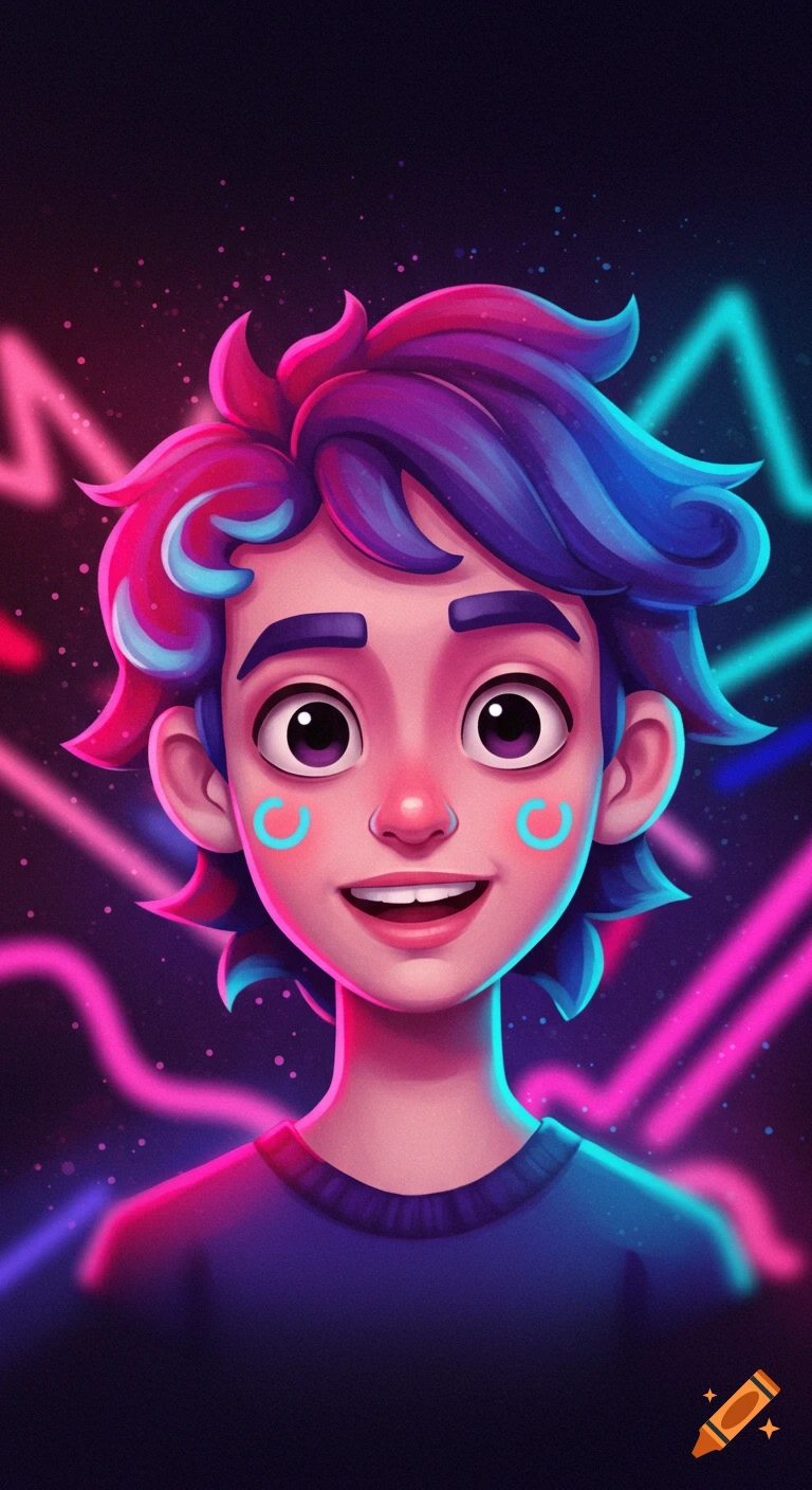 A vibrant, stylized cartoon boy with blue and pink hair, big eyes, and an open smile, set against a dark background with glowing neon lines.