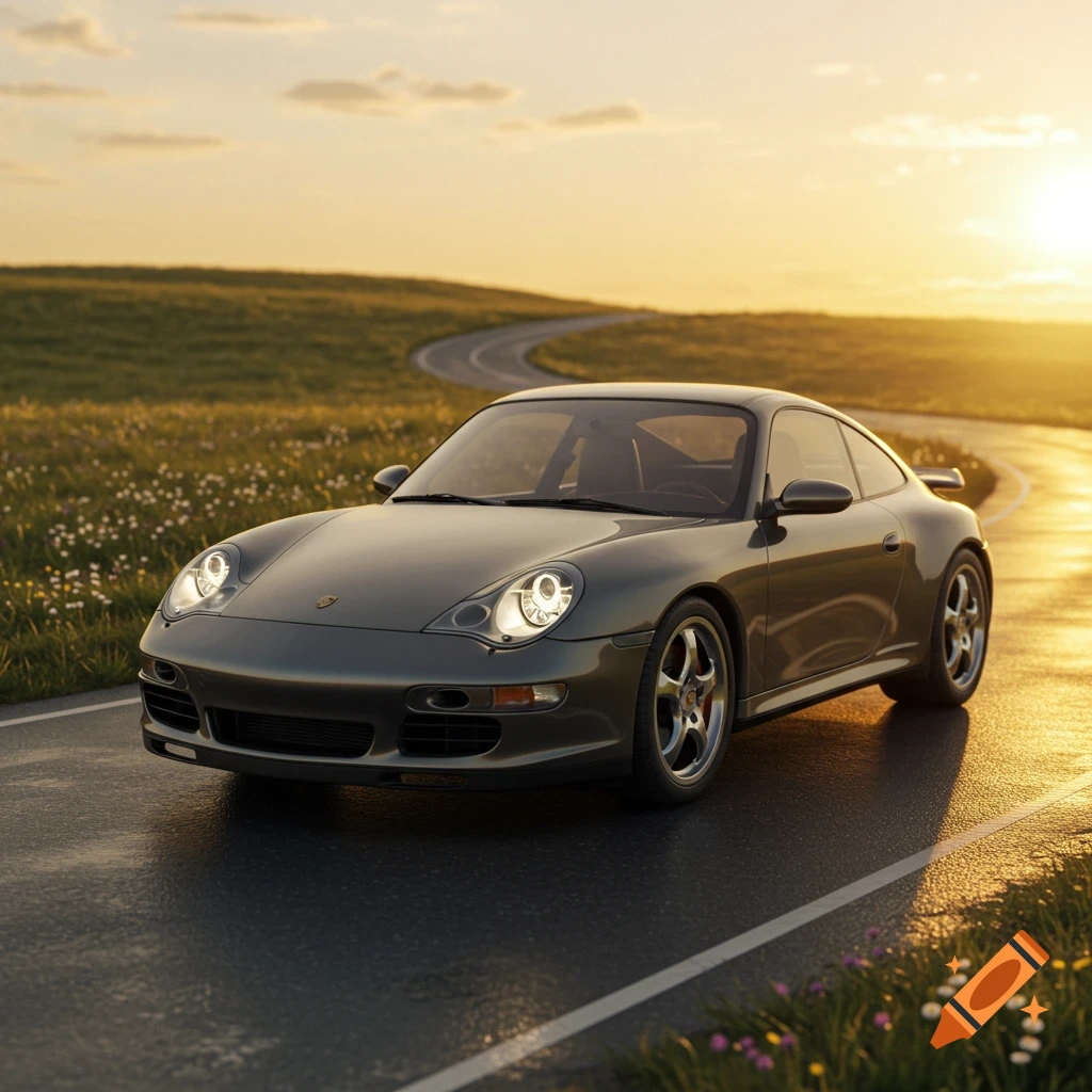 A grey Porsche 996 on a winding road through grassy hills at sunset, headlights on.