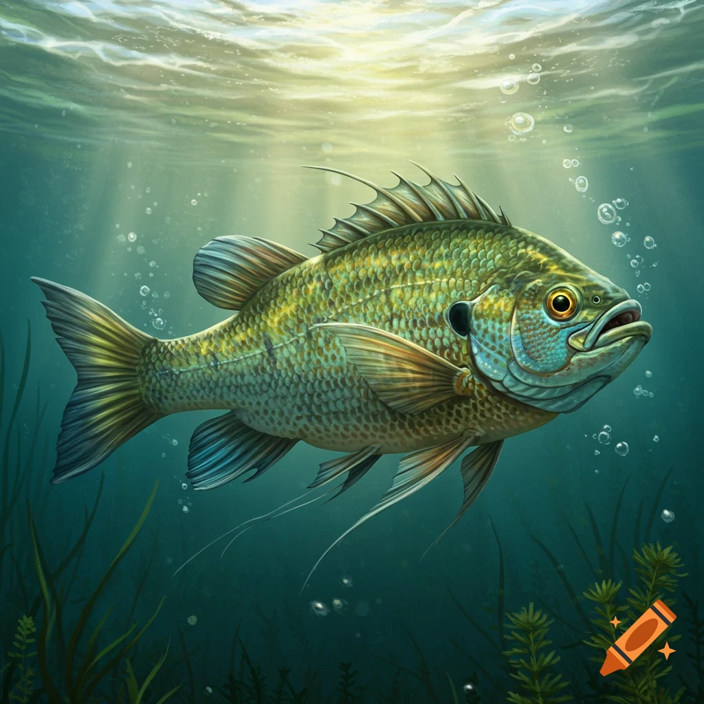 A large, detailed fish with green-gold scales swims underwater, illuminated by sunbeams from above.