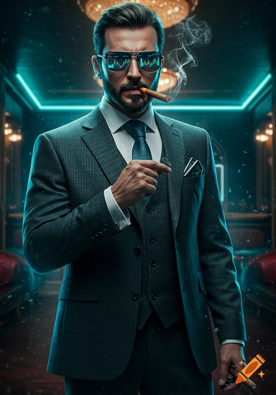 Photorealistic portrait of a stylish man in a suit and sunglasses reflecting data graphs, smoking a cigar in a dimly lit, neon-accented room.