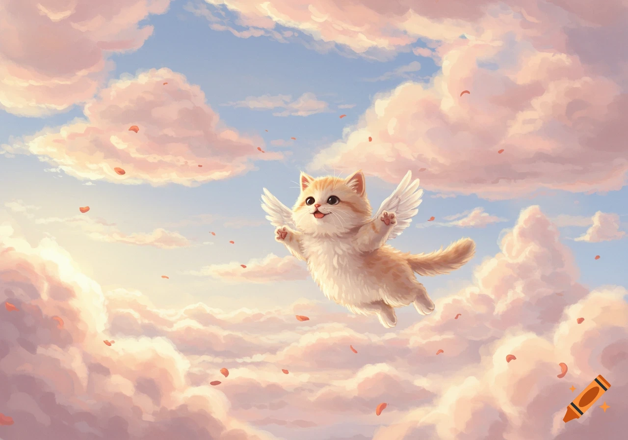 A cute, fluffy orange and white kitten with small white wings flying through a whimsical sky filled with pink clouds and falling rose petals.