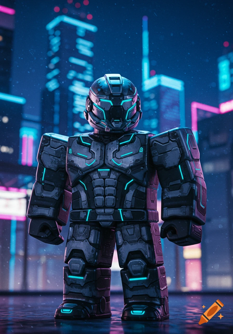 A dark, blocky robot with glowing blue accents stands in a futuristic cyberpunk city at night, reflecting neon lights.