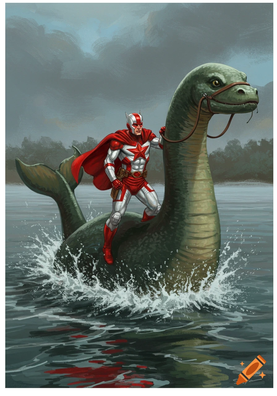 Red Guardian in red and white suit riding the Loch Ness Monster, splashing through dark water in a comic art style.