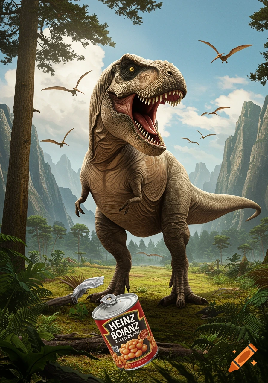 A photorealistic T-Rex roars next to an opened can of Heinz baked beans in a lush prehistoric jungle with flying pterodactyls.