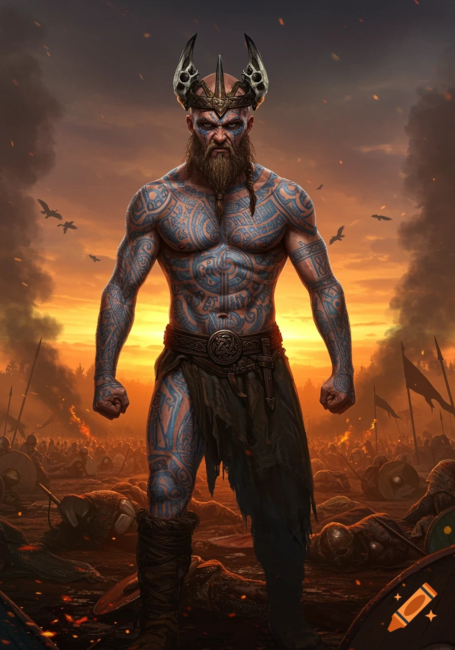 A majestic, heavily tattooed Viking warrior with a horned helmet stands on a smoky battlefield littered with fallen foes under an orange sky.