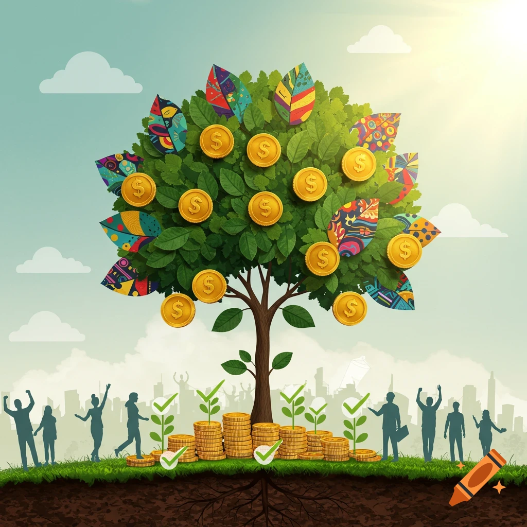 A stylized money tree with green leaves and gold coins, colorful abstract leaves, surrounded by silhouetted people, growing from stacked coins on green grass with visible roots, under a bright sky.
