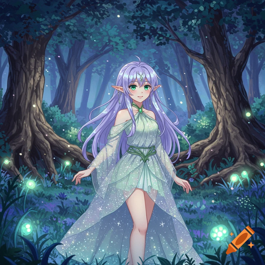 An anime elf girl with long purple hair and a flowing mint green dress stands in an enchanted forest with glowing plants and tall trees.