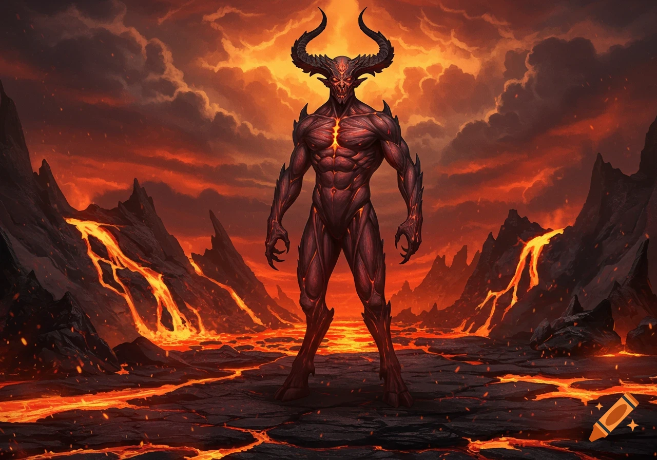 A muscular demon with long horns stands on cracked ground in a volcanic landscape with flowing lava under a fiery red sky, digital art style.