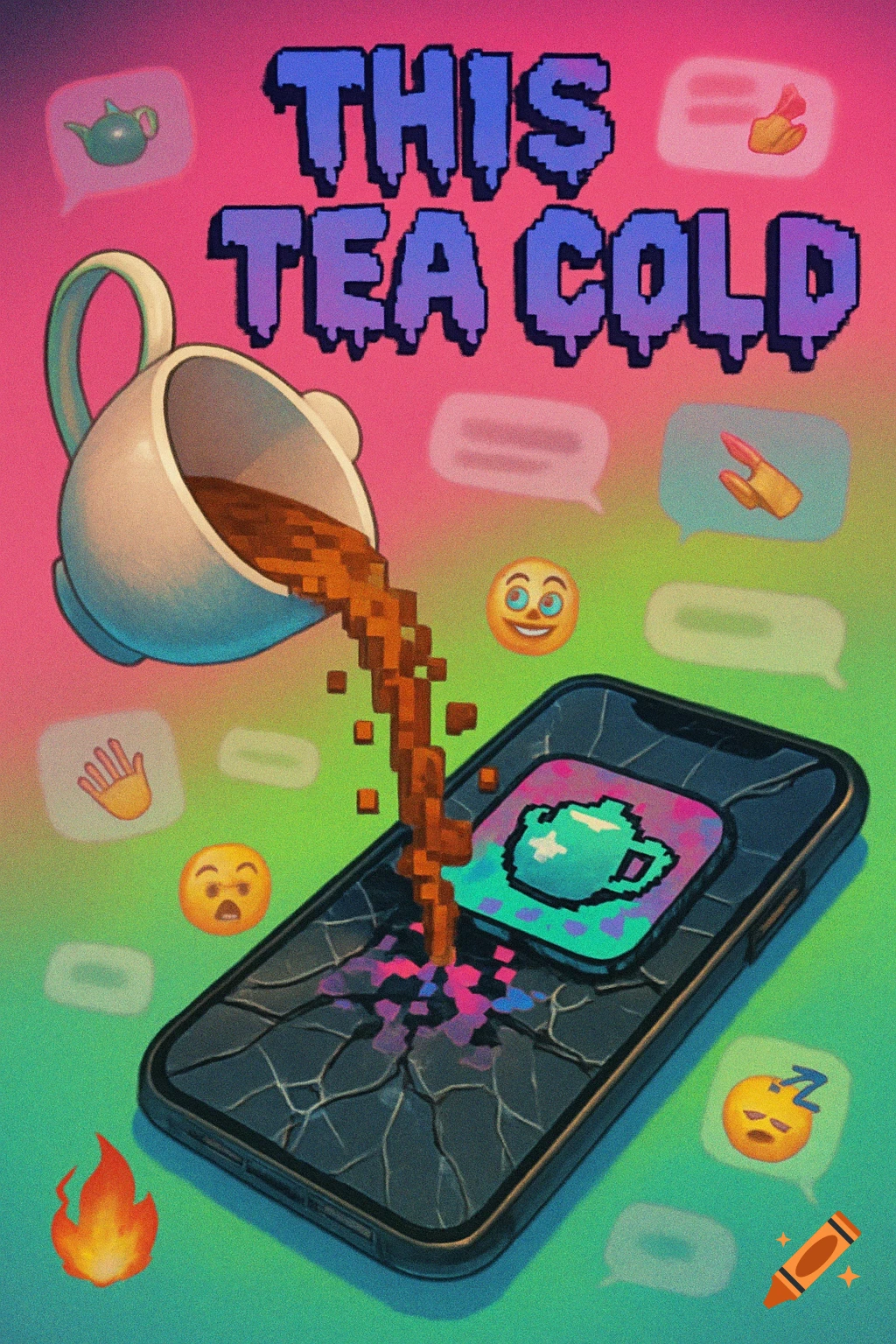 A teacup spills pixelated tea onto a cracked iPhone. Text 'THIS TEA COLD' above, with emojis on a vibrant pink and green background.