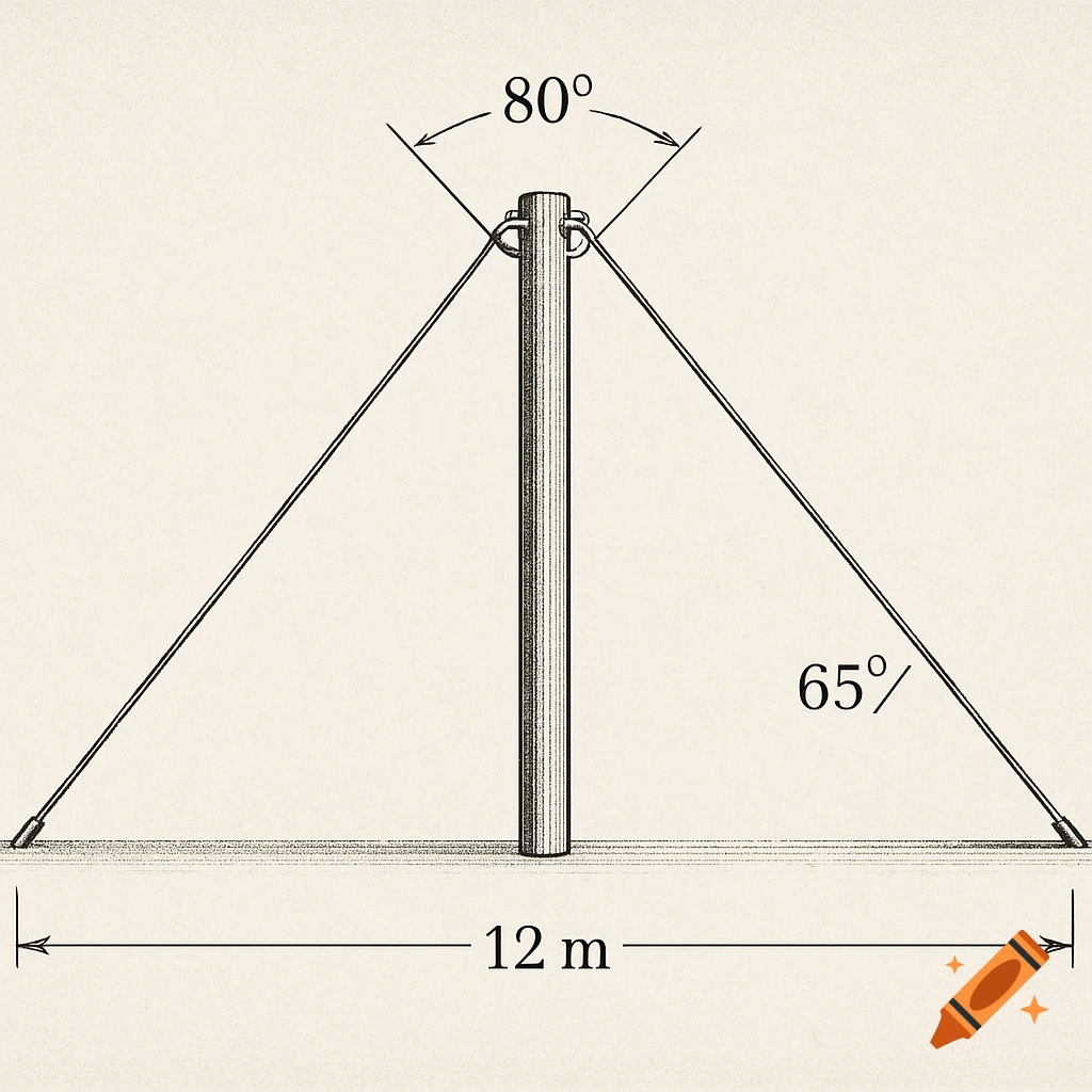 A technical line drawing of a vertical post with two support wires, indicating an 80-degree angle between wires, a 65-degree ground angle, and a 12m base.