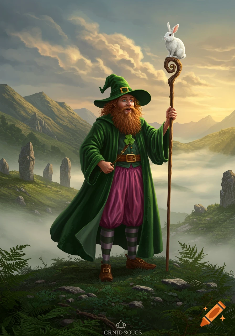 A bearded man in a green wizard hat and robe, with pink pants and striped socks, stands on a grassy hill holding a staff with a white rabbit on top. Foggy mountains are in the background at sunset.