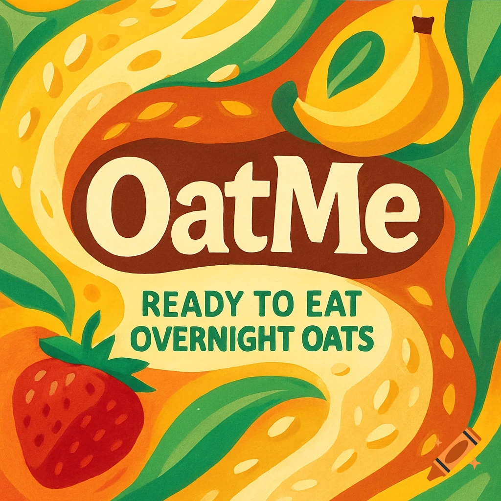 Colorful graphic illustration of OatMe overnight oats packaging with a strawberry, banana, and abstract background.