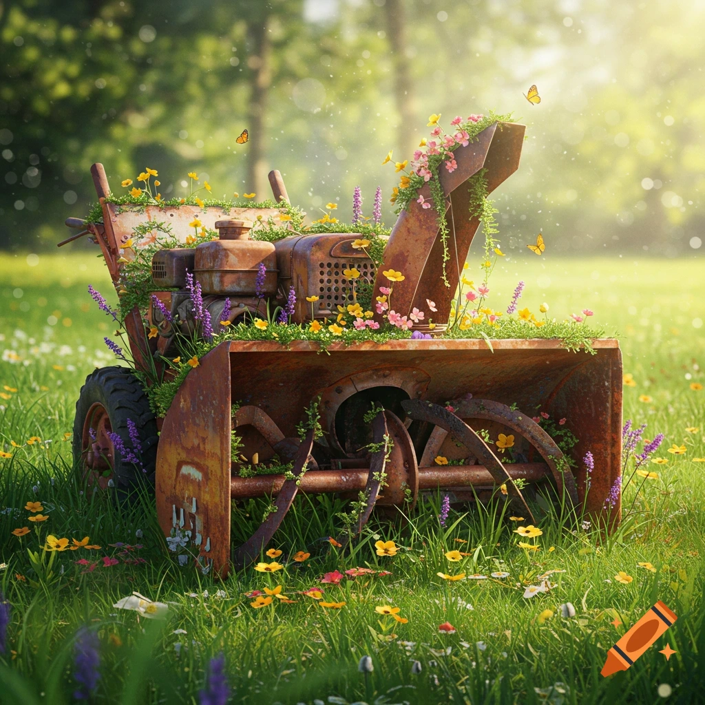 An old, rusty snow blower covered in blooming colorful flowers and green vines sits in a sunlit grassy field with butterflies.