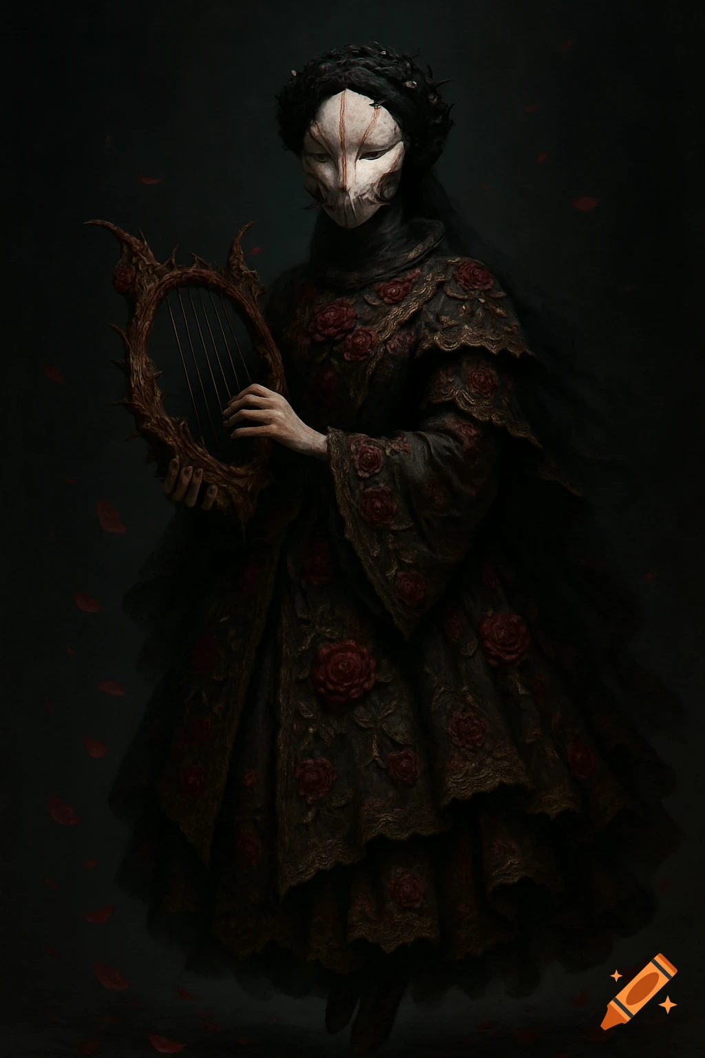 A masked figure in a dark, ornate gown with red roses holds a thorny, organic-looking harp against a dark background with petals.
