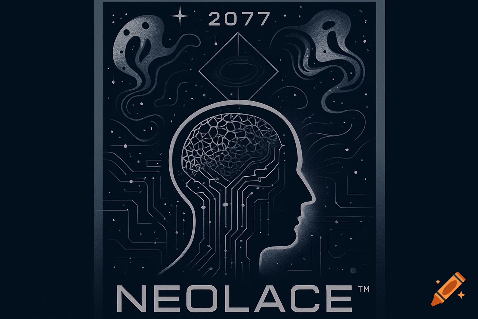 Stylized dark blue and grey sci-fi poster featuring a human head outline with internal circuitry, brain patterns, and abstract ghostly figures, with the text '2077' and 'NEOLACE The',