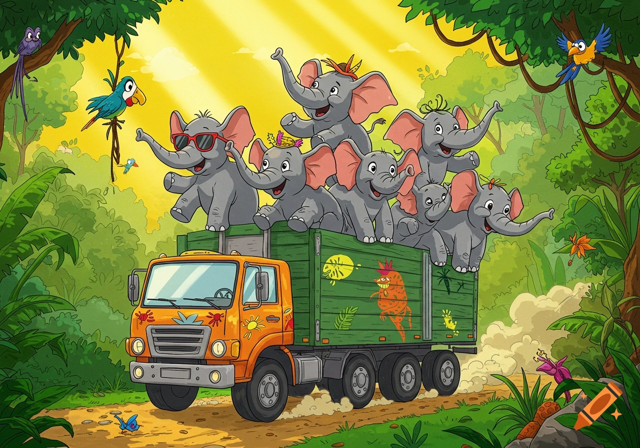 Cartoon illustration of seven happy elephants riding in the back of an orange freight truck through a lush jungle.