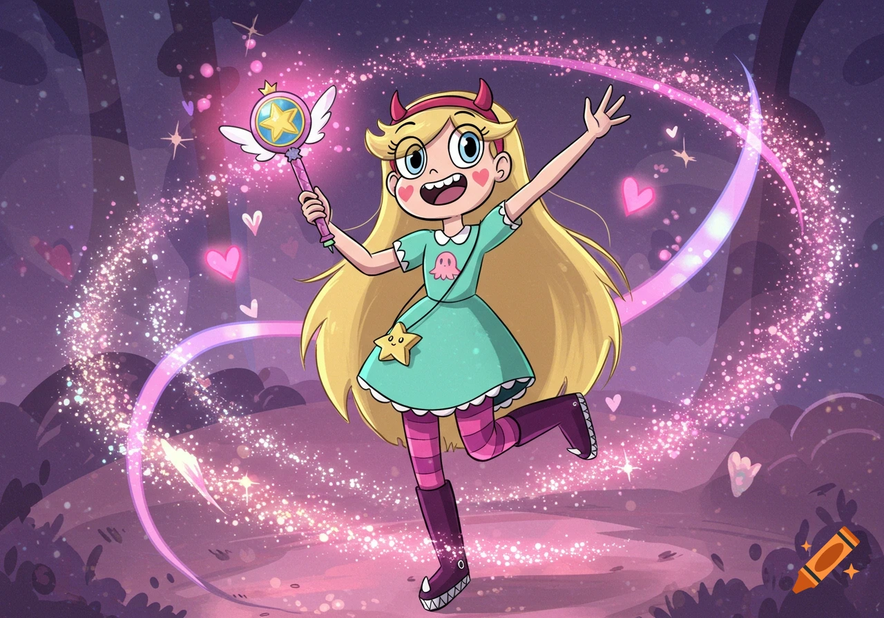 Star Butterfly holding her wand and casting a spell, surrounded by pink sparkles and hearts in a vibrant cartoon style.