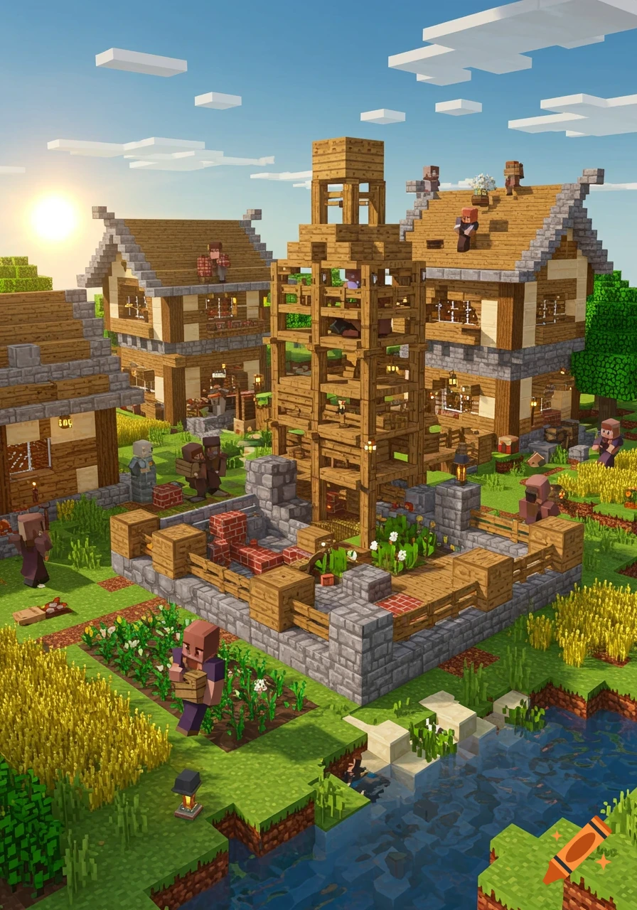 A vibrant Minecraft village under construction with blocky houses, a tall wooden tower, villagers, crops, and a river.