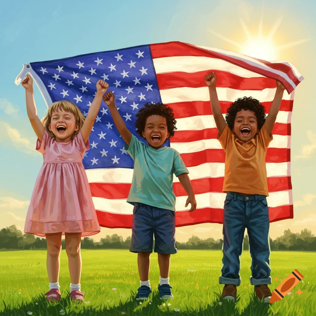 Three diverse children cheer joyfully while holding a large American flag in a sunny, grassy field, painted style.
