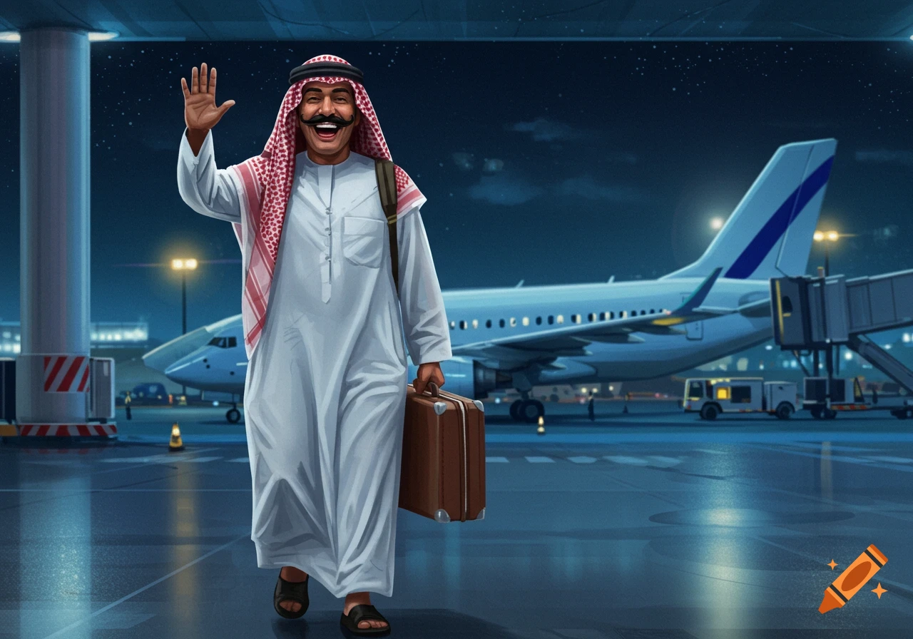 A smiling man in a thobe and ghutra waves, holding a suitcase at an airport with an airplane behind him at night, illustration.