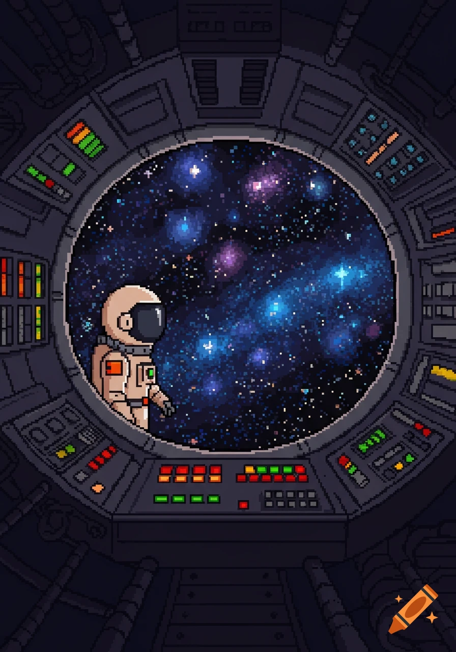 A pixel art image of an astronaut in a spaceship cockpit looking out a circular window at a colorful galaxy filled with stars.
