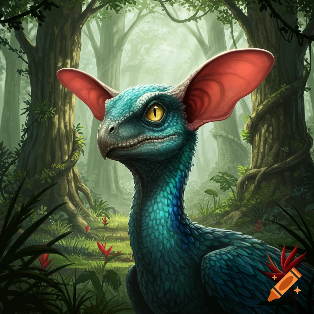 A blue-green feathered creature with large pink human ears, resembling a raptor, stands in a lush, misty jungle.