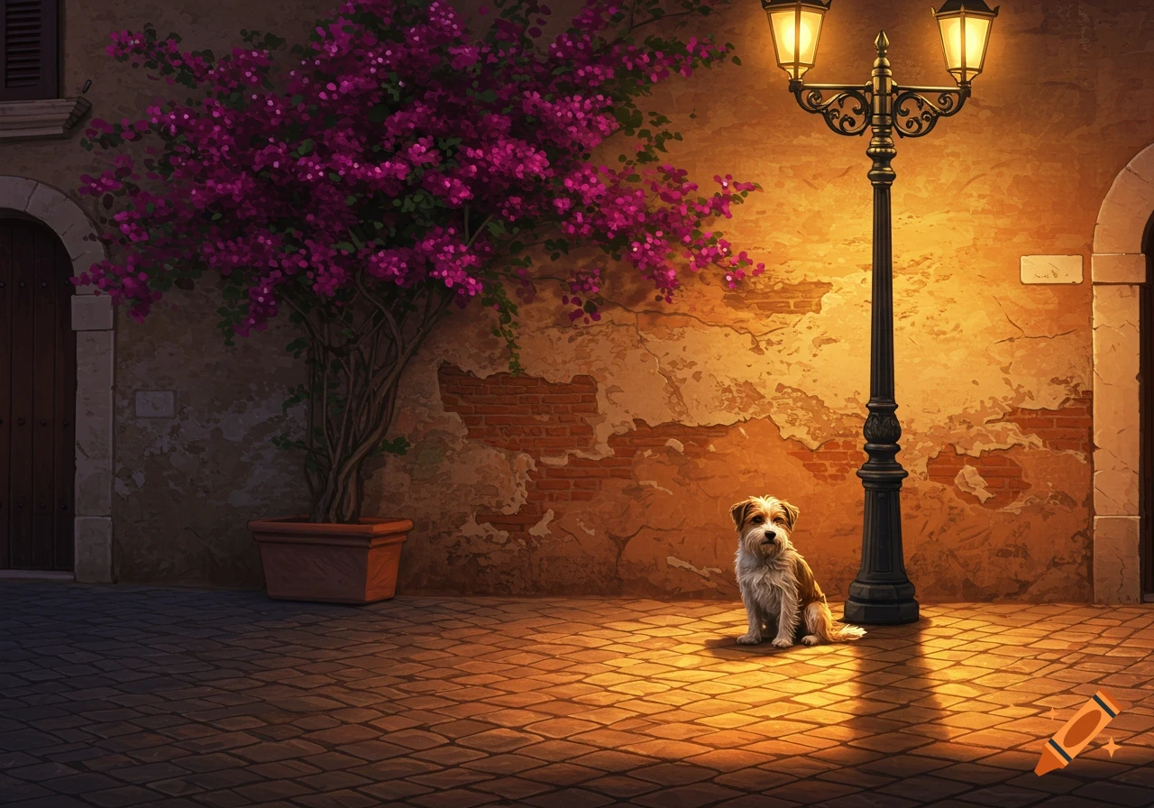 A small scruffy dog sits on a cobbled street lit by a lamppost next to a vibrant purple flowering bush at dusk.