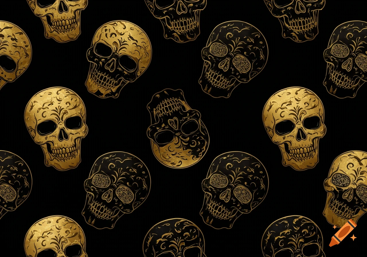 A seamless pattern of stylized golden and black skulls with intricate ornate details on a dark background.