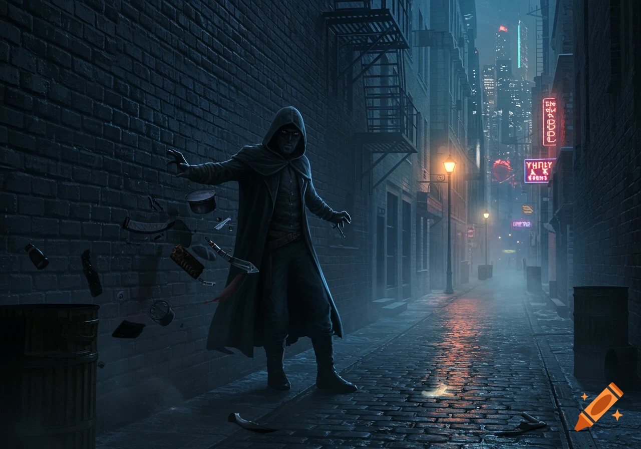 A hooded figure stands in a dark, misty city alley with glowing neon signs and items floating around them.